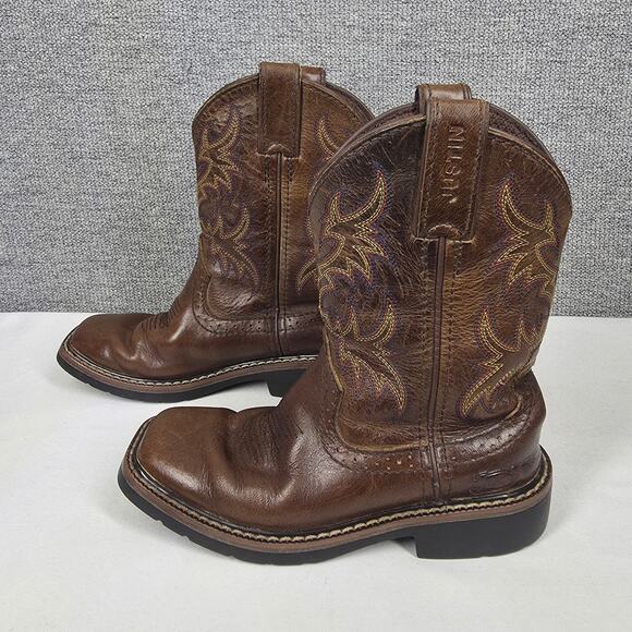 JUSTIN KIDS BROWN LEATHER WESTERN CATTLEMAN JR. BOOTS – SIZE 12 – FLAME STITCH - Picture 2 of 12